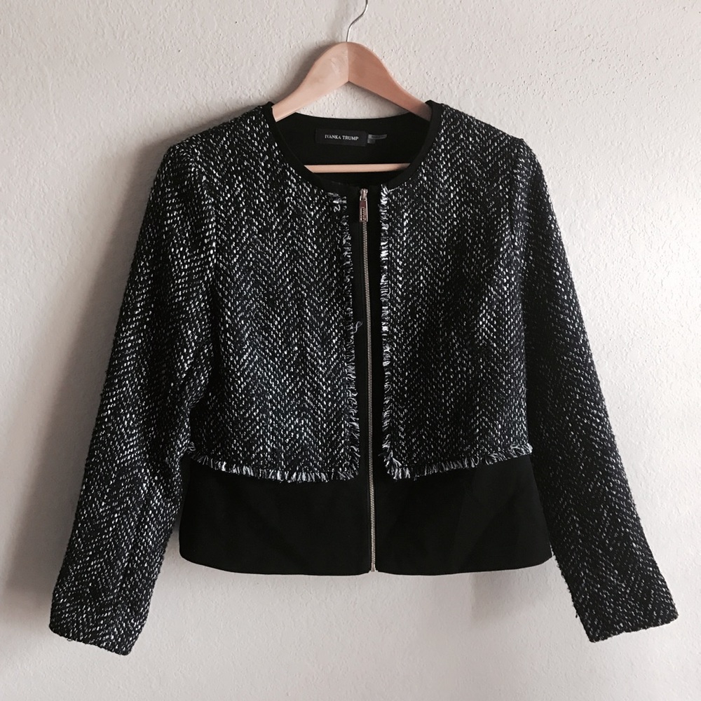 Ivanka Trump fringe detail tweed panel jacket.m