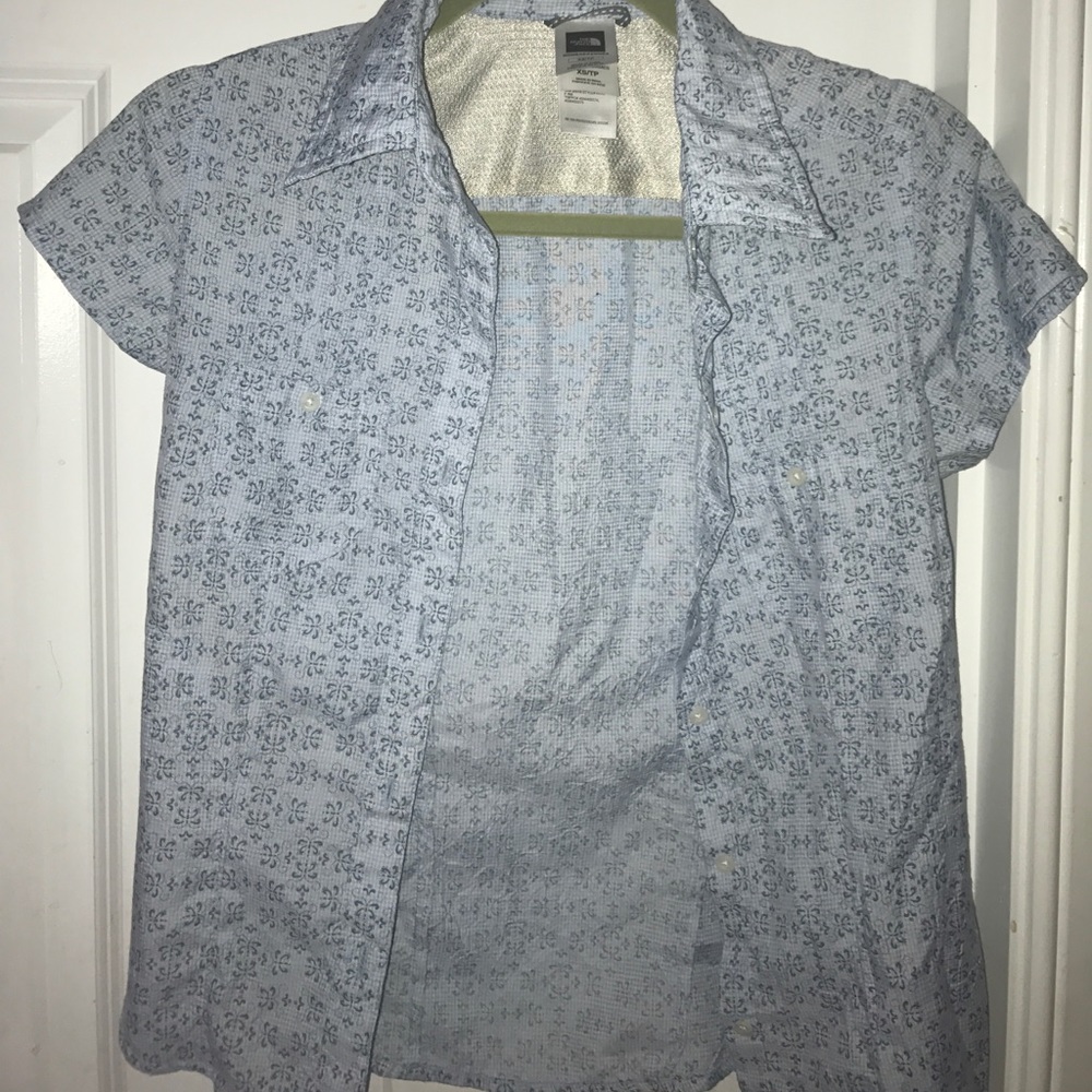 Blue North face button up shirt