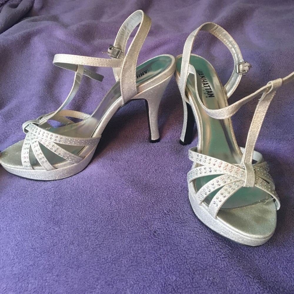 Silver strap open toe heels. Size 9 1/2.