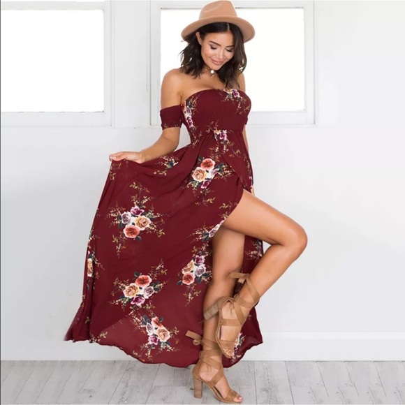 Off-Shoulder Red Wine Floral Maxi / Boho Dress - Picture 2 of 4