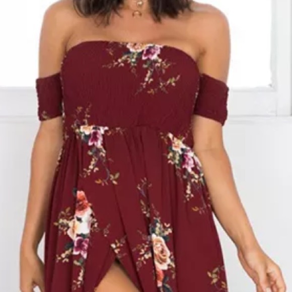 Off-Shoulder Red Wine Floral Maxi / Boho Dress - Picture 3 of 4