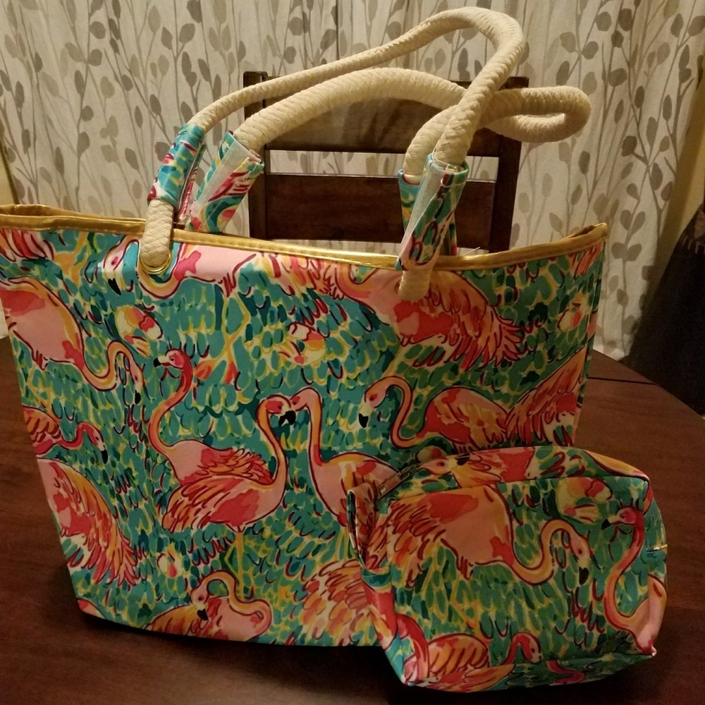 New Flamingo Tote with Makeup Bag