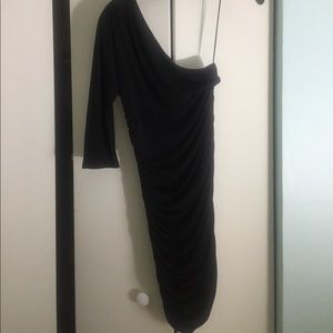 3/4 sleeve one shoulder black dress.
