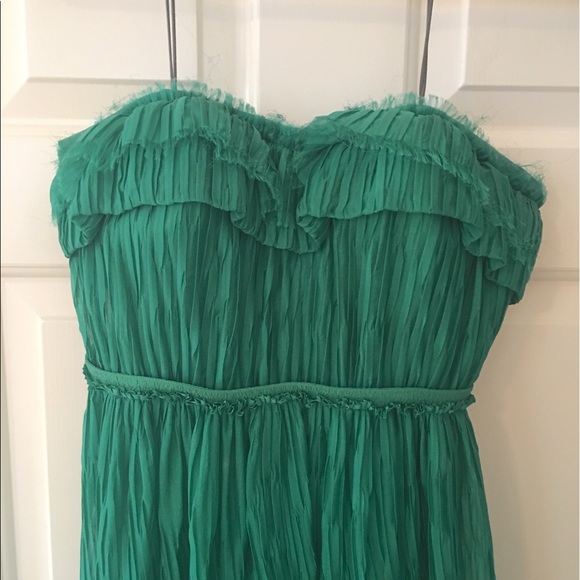 Zac Posen Green Silk Strapless Gown pleated - Picture 2 of 6