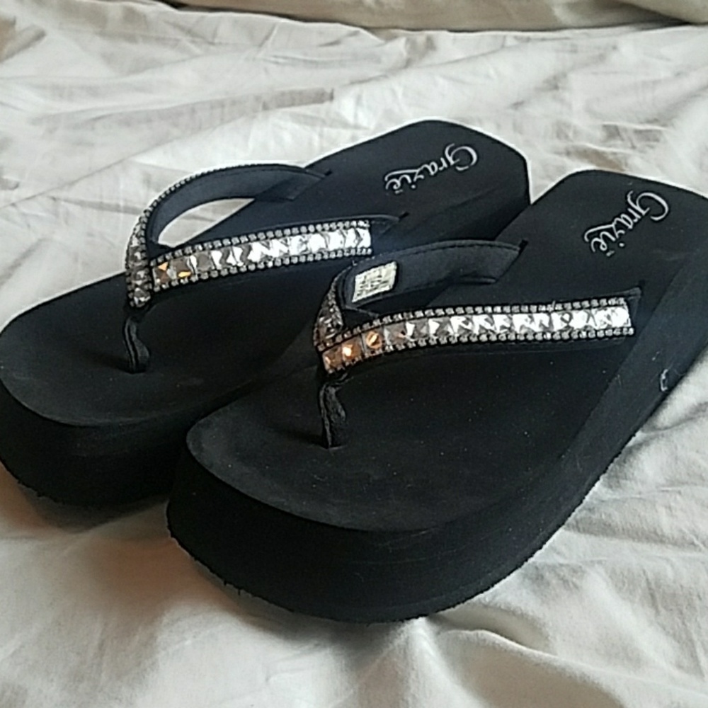 Diamond studded black platform sandals