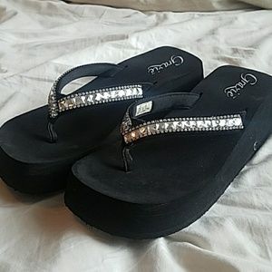 Diamond studded black platform sandals