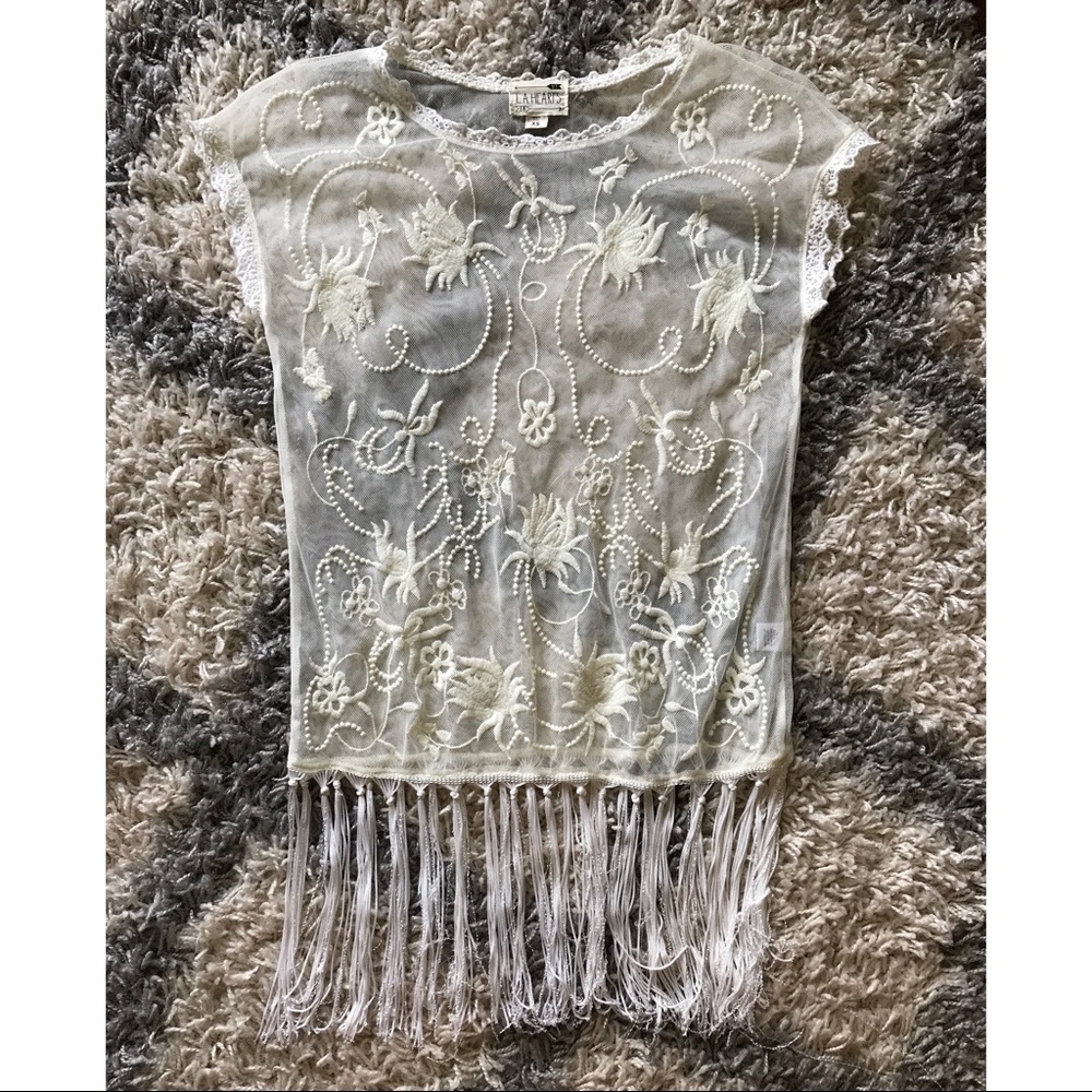 Mesh embroidery top with fringe