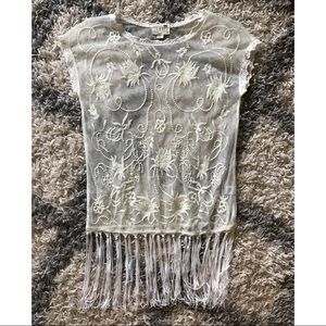 Mesh embroidery top with fringe