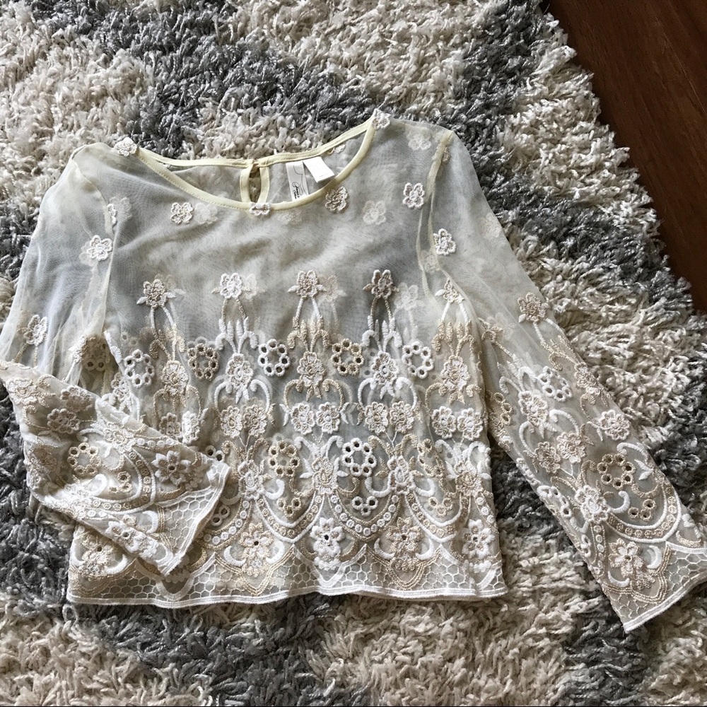 Embroidered white mesh crop top