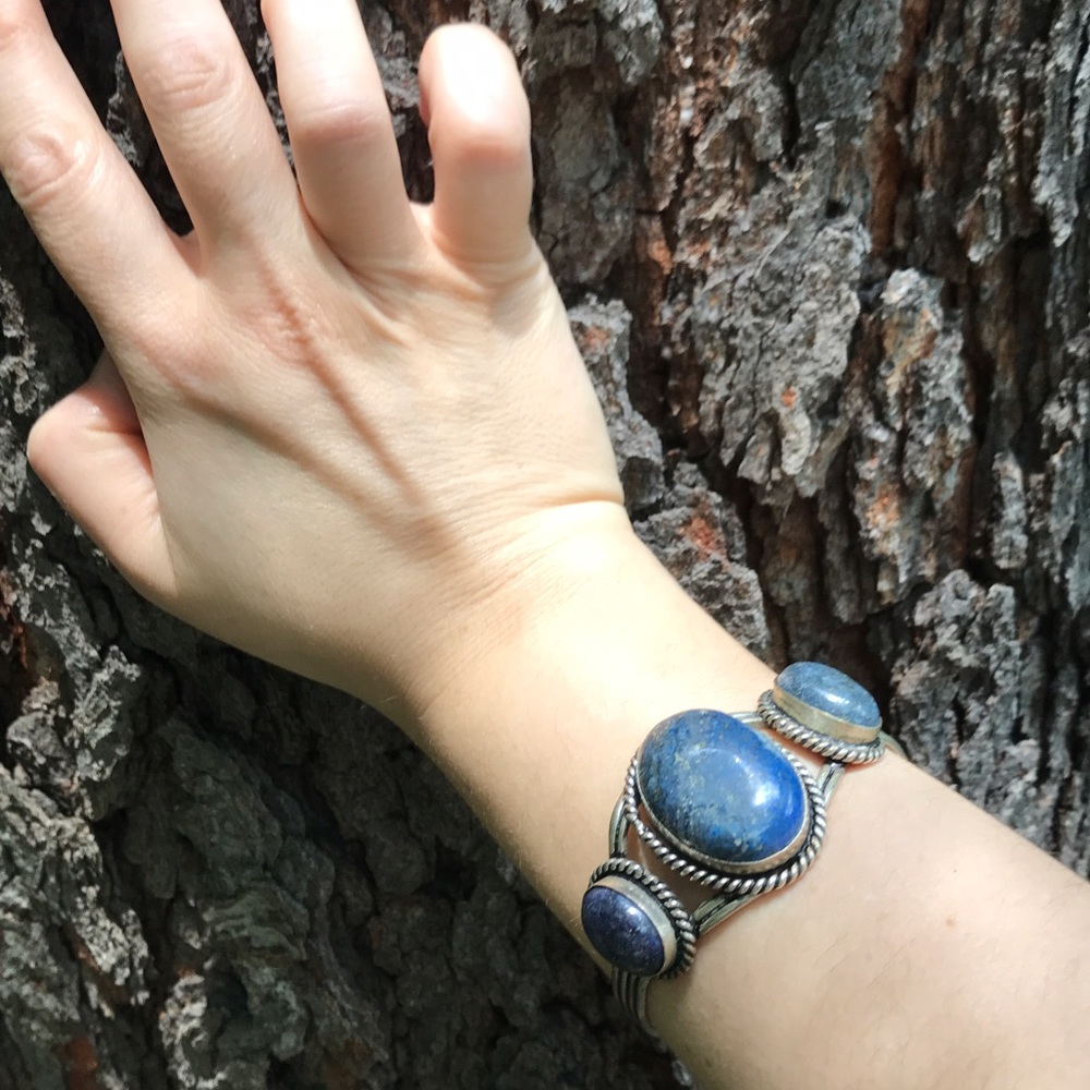 Vintage Lapis Blue Giant Stones Silver Bracelet 🌸