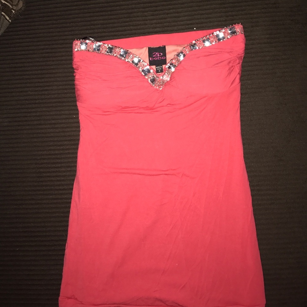 BEBE CORAL STRAPLESS HALTER FITTED WITH BLING