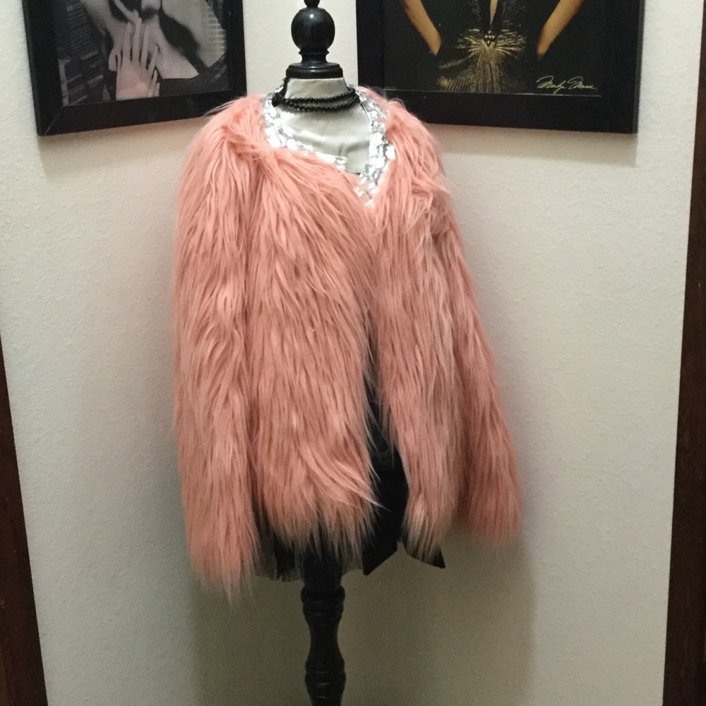 Pink faux fur coat
