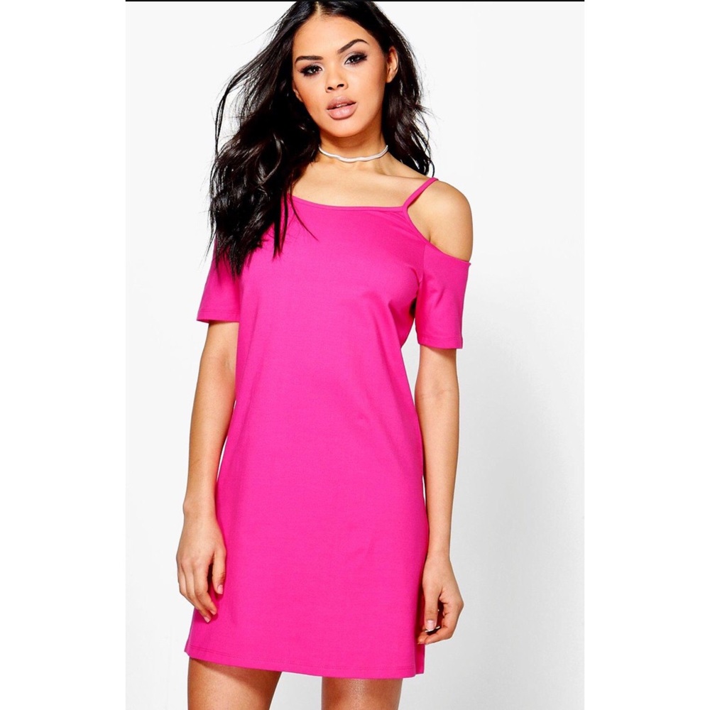 Adorable Pink Cold Shoulder Shift Mini Dress