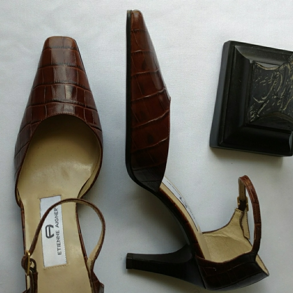 Etienne Aigner, size 7, cognac, croc print heels