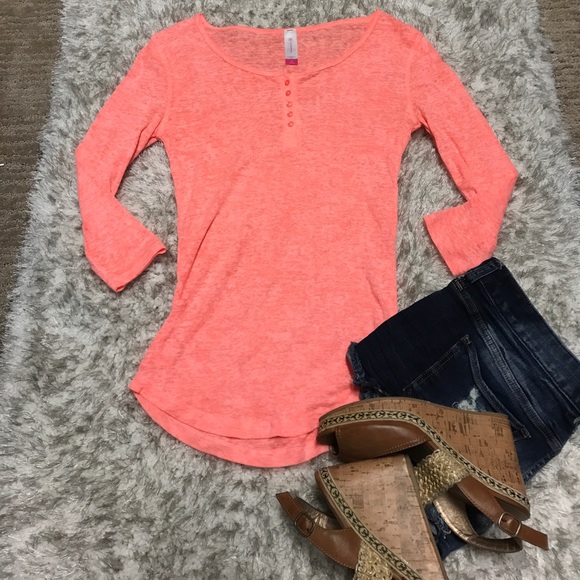 No Boundaries Tops - Bright Orange Henley Tee