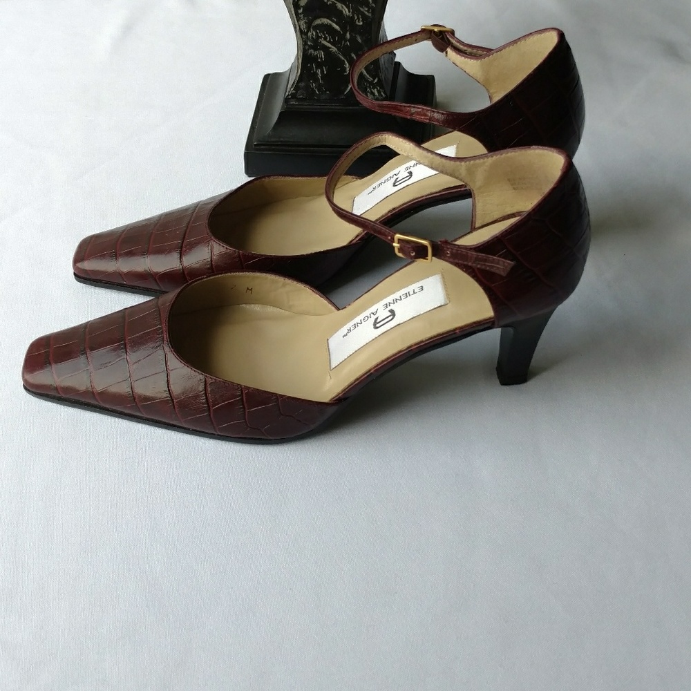 Etienne Aigner, size 7, burgundy, croc print heels