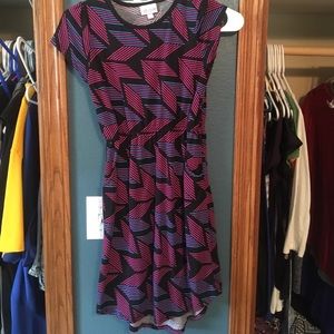 Lularoe Mae dress black background w/ blue n pink