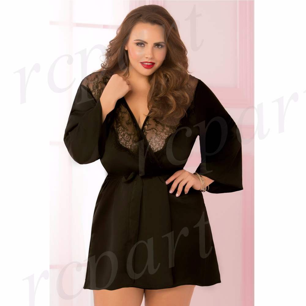 Satin Black women lace robe plus size 10695