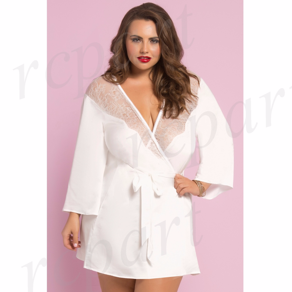 Satin White women lace robe plus size 10695