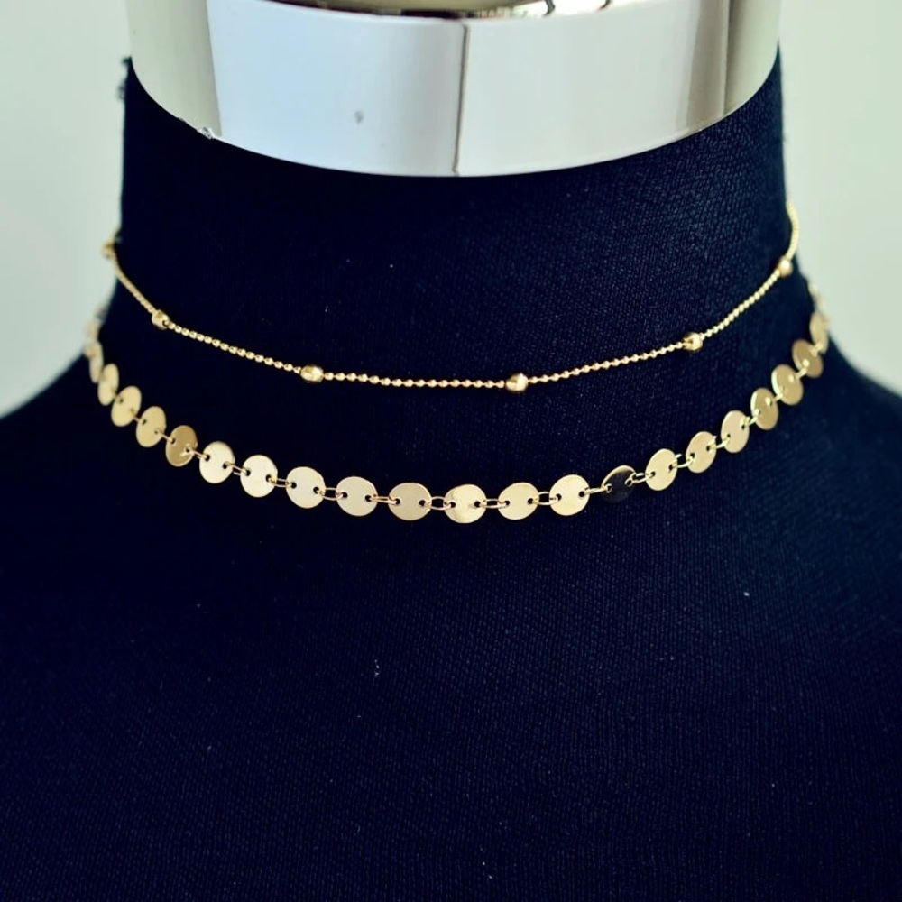 Double Chain Coin Dainty Choker - Picture 2 of 3