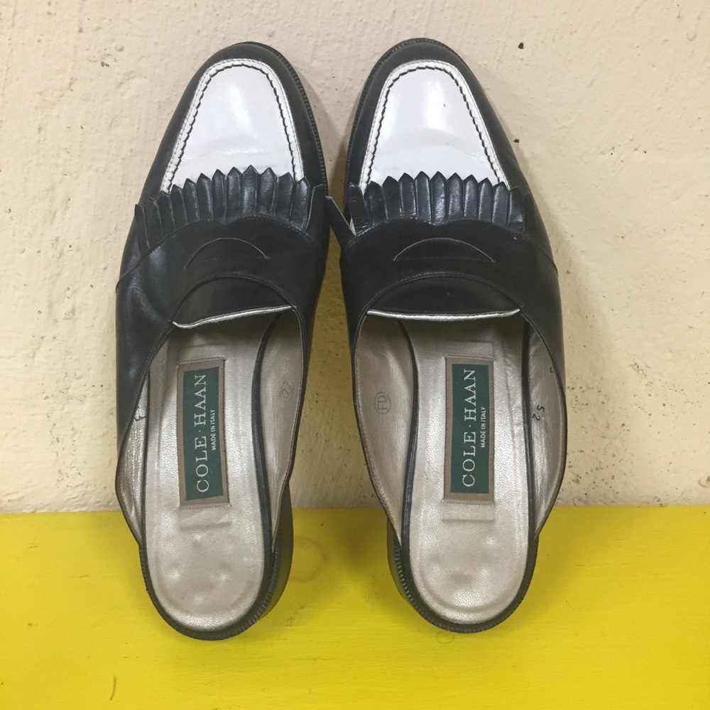 Cole Haan fringed mules black and white leather