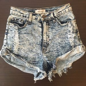 Vibrant acid wash, distressed "Smart Mouth Shorts"