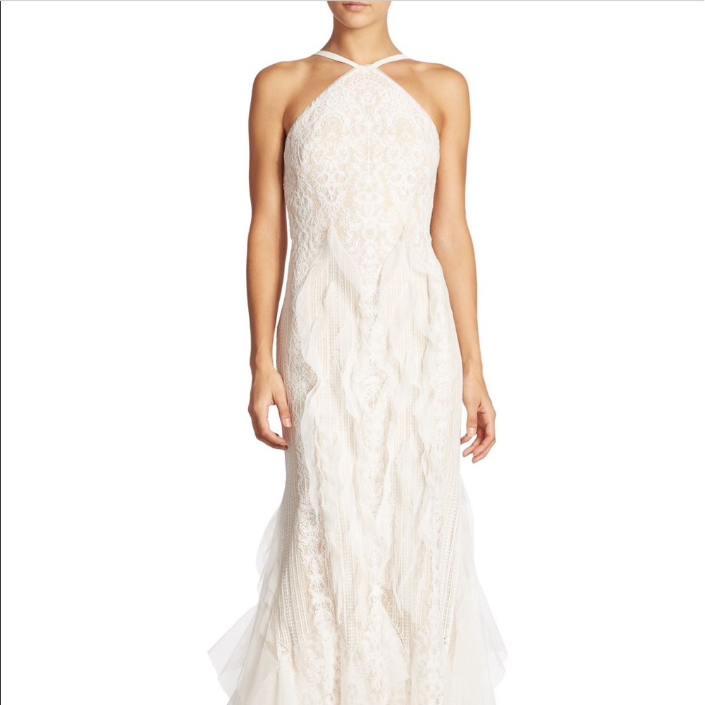 BCBGMAXAZRIA Ruffled Lace Halter Gown