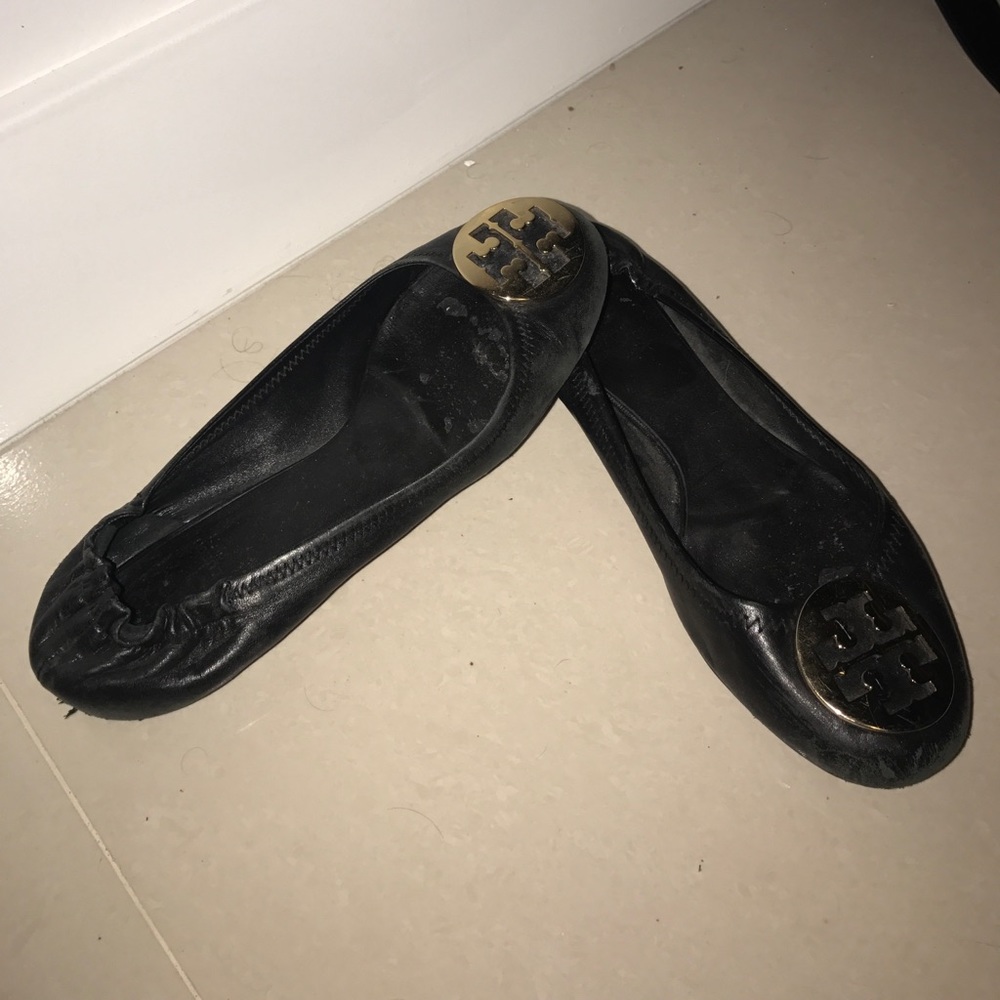 Tory Burch black leather with gold ballet flats