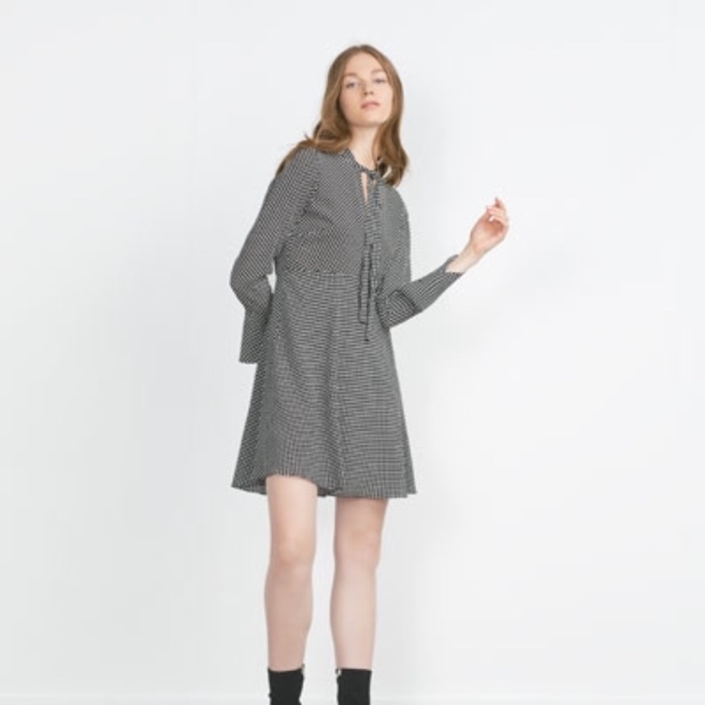 Zara Polka Dot Tie Neck Dress in Size M