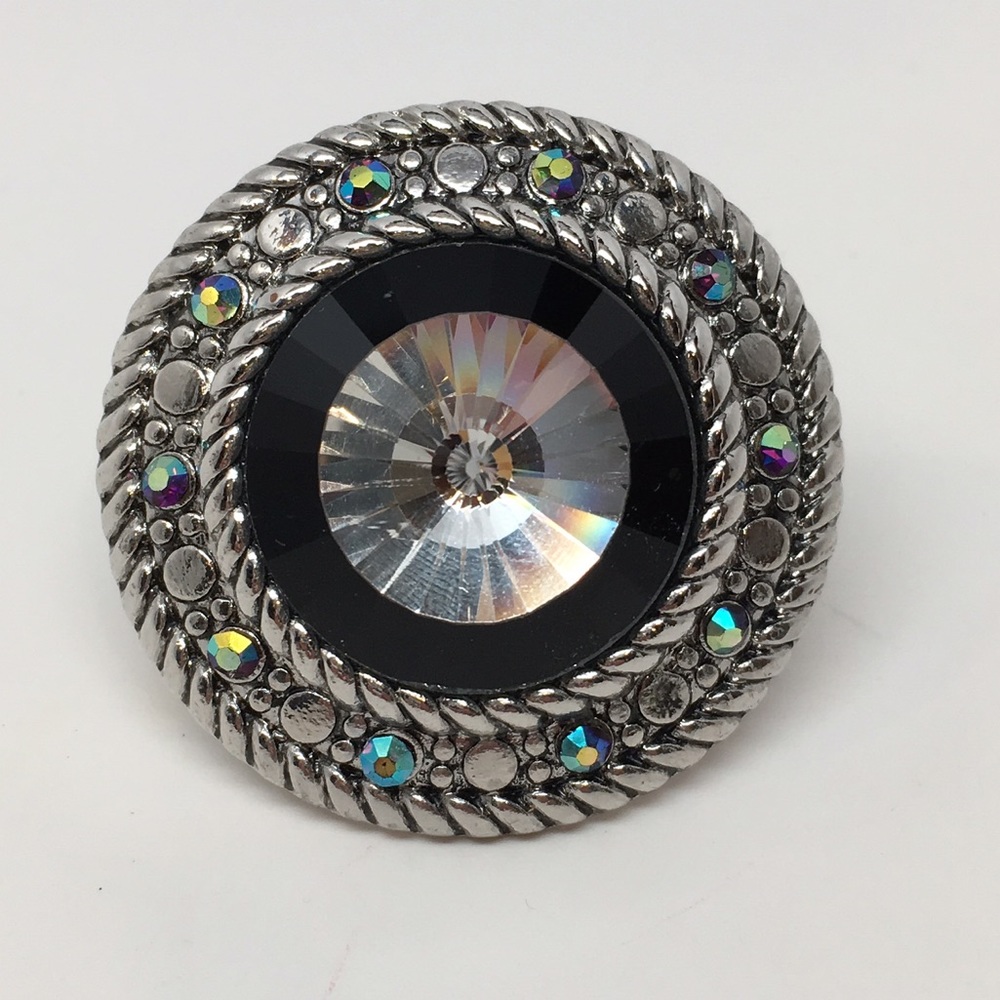 Big Unique Black Ring with Rhinestones Pointy