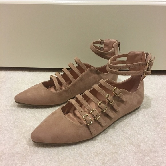 Dusty pink multi strappy pointy toe flats - Picture 2 of 4