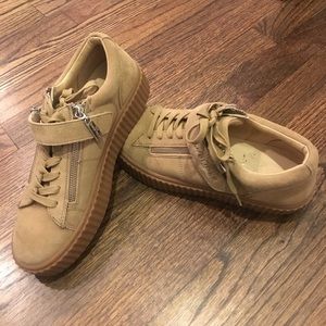 Tan suede platform sneakers