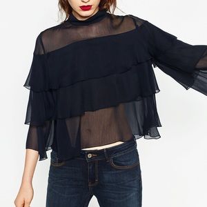 ZARA 3/4 Sleeve Frill Blouse in Navy Blue