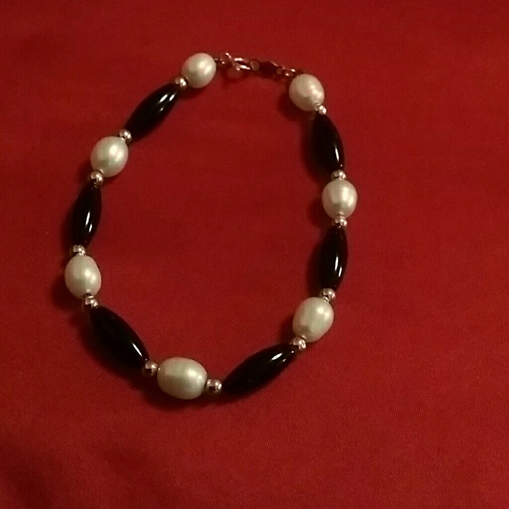 Pearl and onyx gold 14K bracelet - Picture 3 of 3
