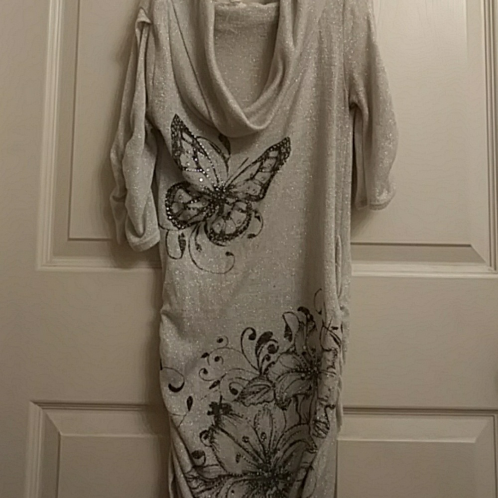Silver and black off the shoulder tunic.