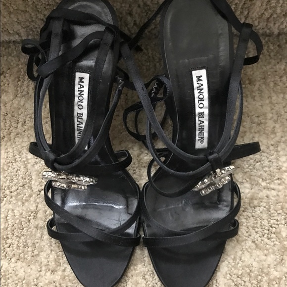 Black Satin Manolo Blahnik Strappy Sandals - Picture 3 of 6