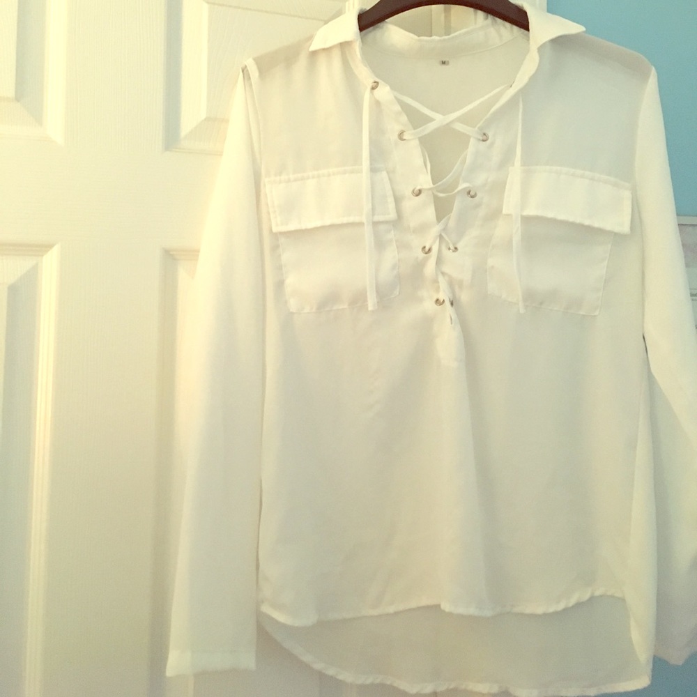 Long sleeve white lace up blouse
