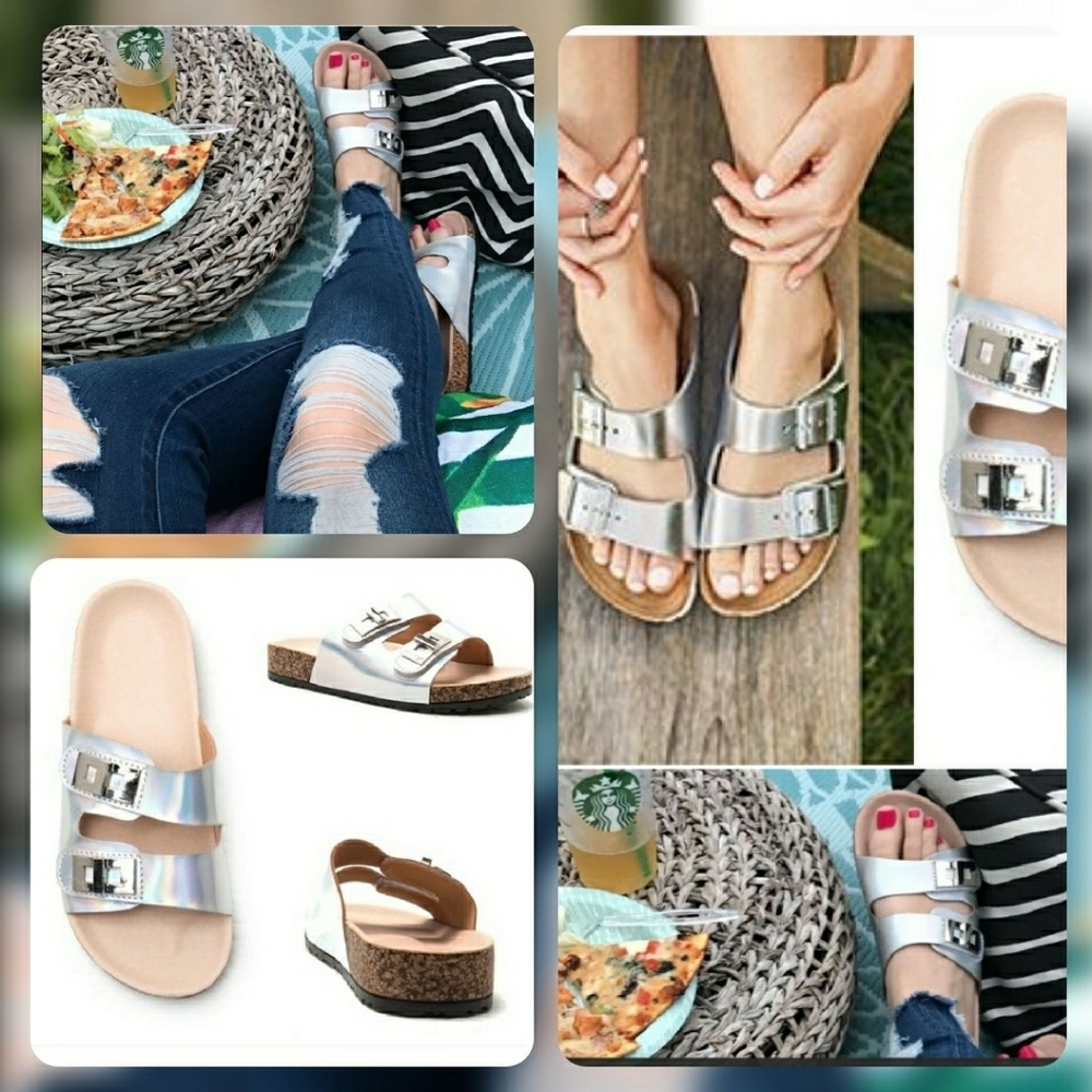 ❣Hologram Silver Double Strap Sandals❣ - Picture 1 of 4