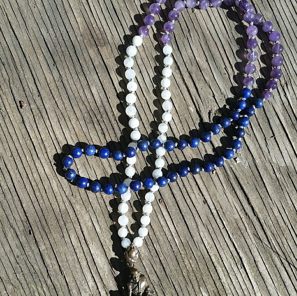 Handknotted 108 Bead Mala/ Moonstone/Lapis Lazul