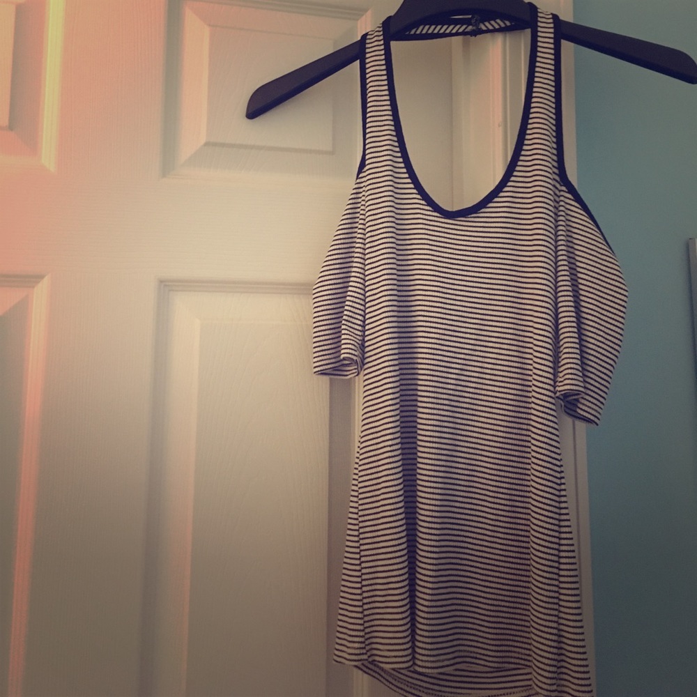 Black and white stripes off the shoulder halter