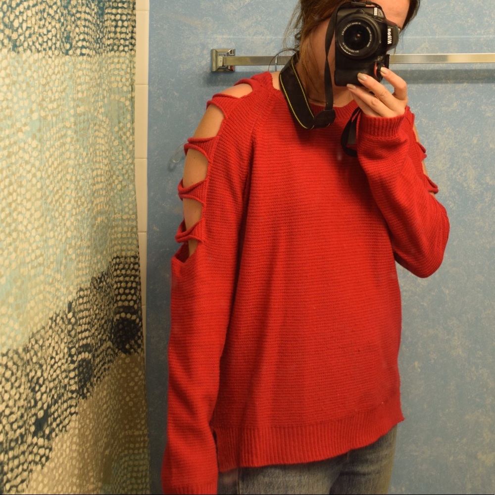Red sweater with cut out shoulders