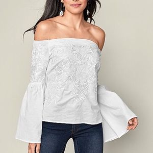 Bell-sleeved, off-the-shoulder embroidered top