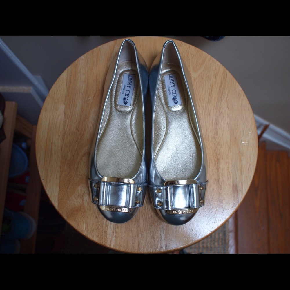 Jimmy choo silver Morse metallic leather flats 35
