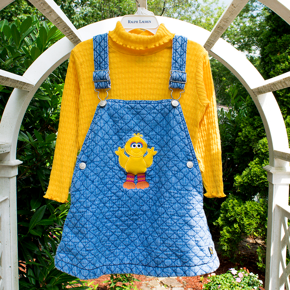 3/$10 Girls Big Bird Overalls with Sweater