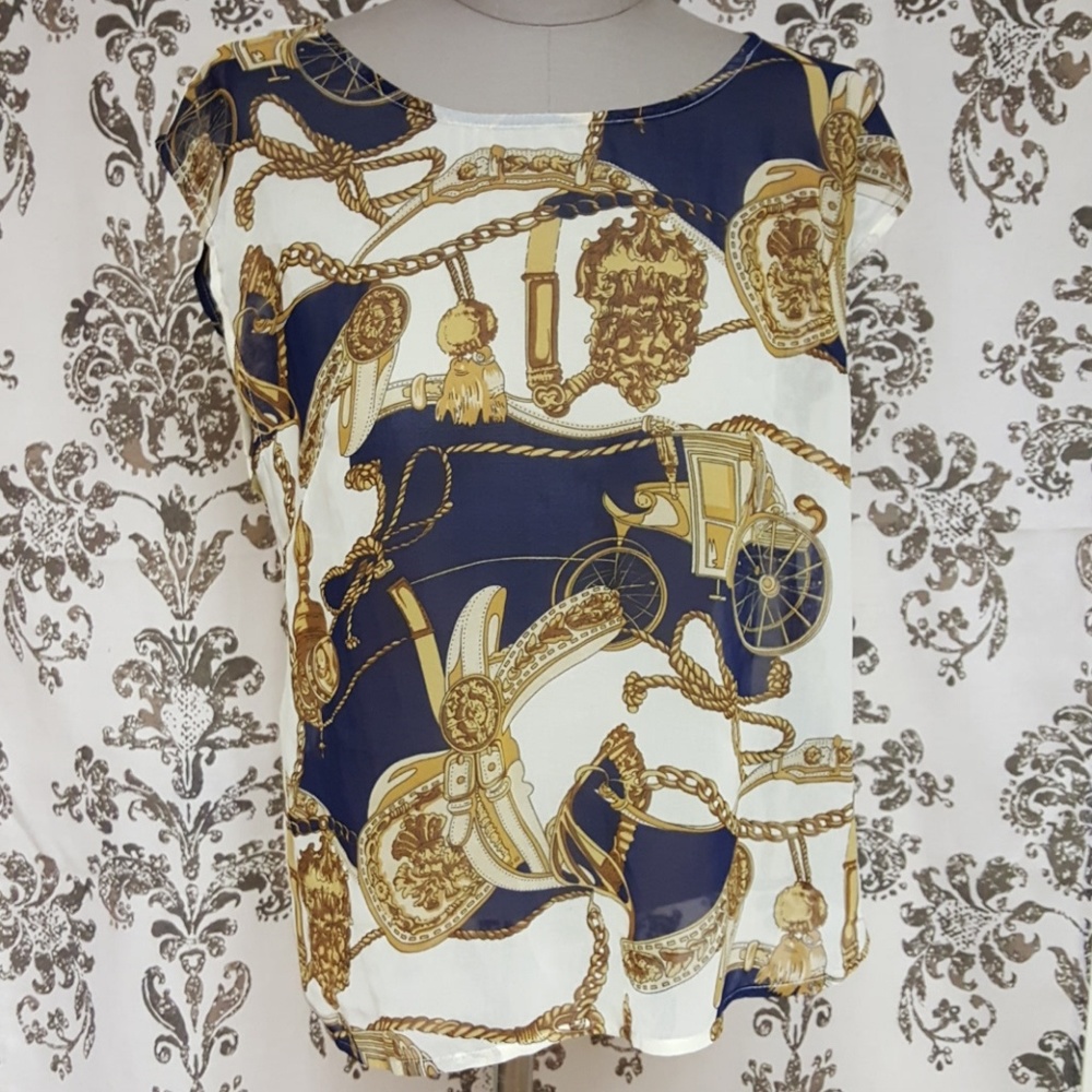 Cream and navy chiffon top with gold print