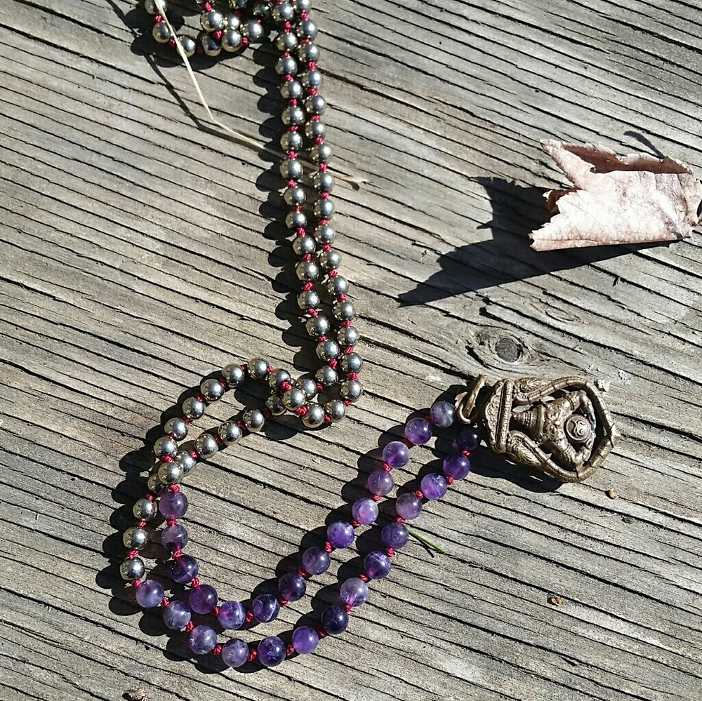 Handknotted 108 Bead Mala/Amethyst&Hematite