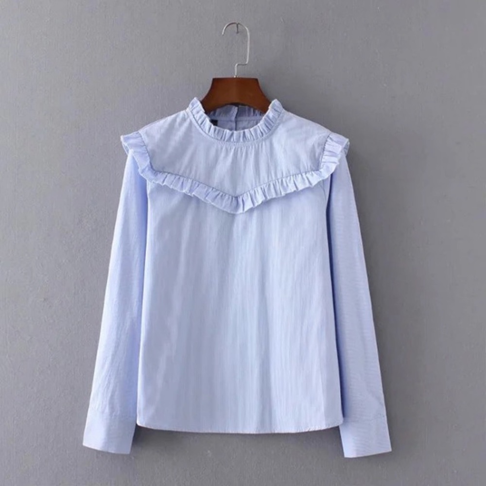 Blue striped frilly blouse