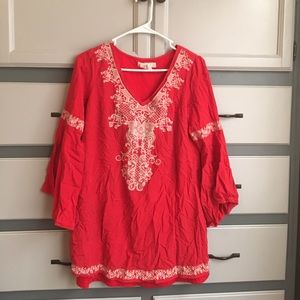Bright coral/orange tunic dress with bell sleeves