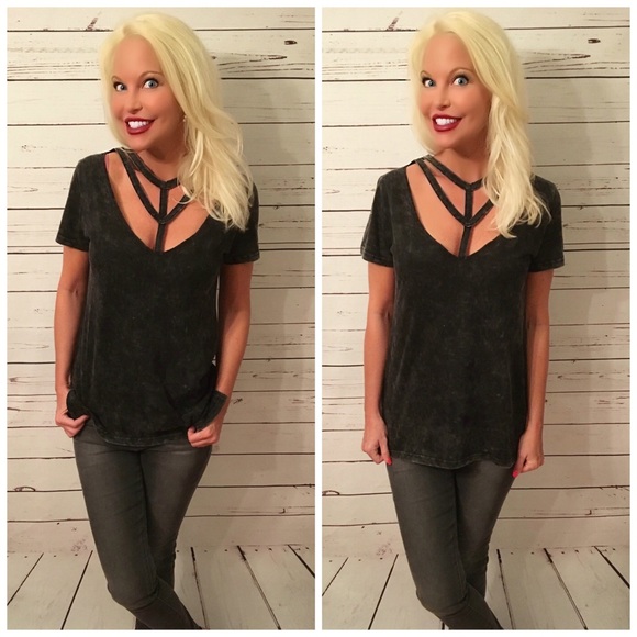 LAST 1! 😊Black - Cage front mineral wash top! - Picture 2 of 3