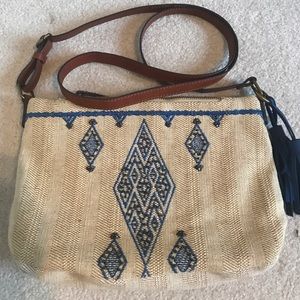 Lucky Brand Woven Linen Beige Blue Crossbody Bag